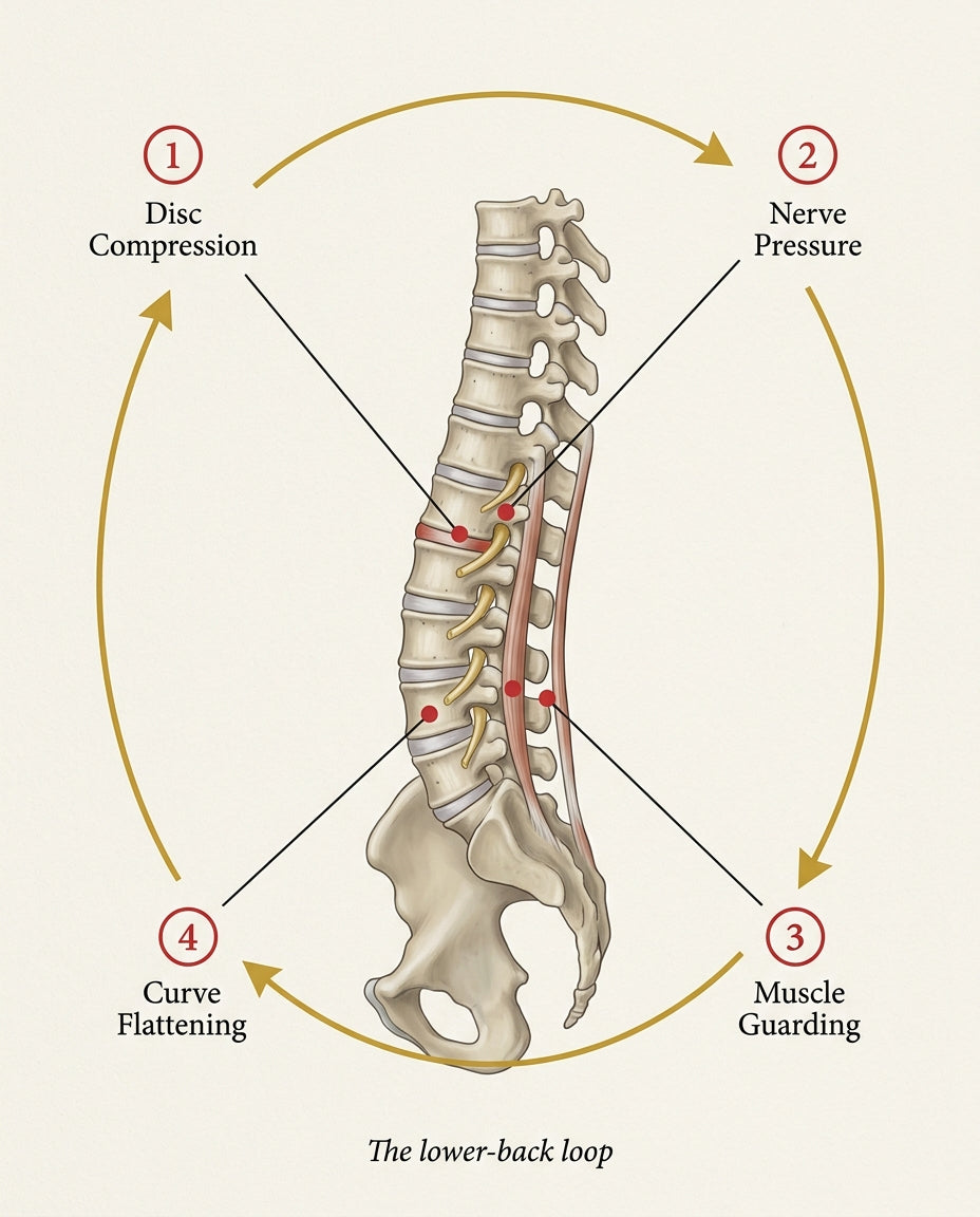 Diagram of the lower-back loop: disc compression, nerve pressure, muscle guarding, curve flattening